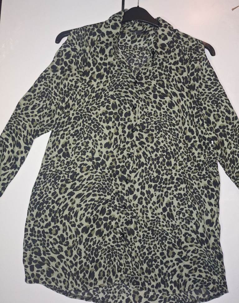 New Look Tall Khaki Green Leopard Print Shirt Blouse Top UK 12 Animal