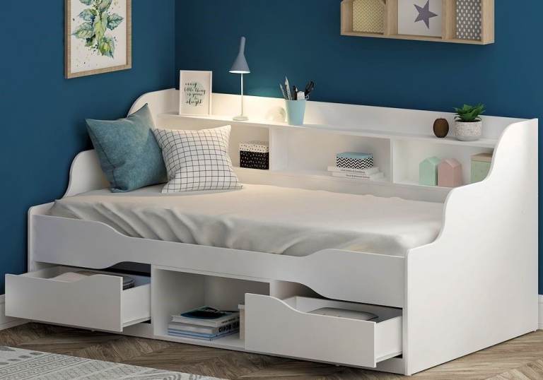 New White Single Wooden Day Bed With Bookcase Shelves & Drawers