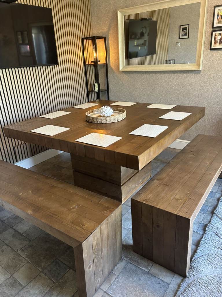 Dining Table (148cm SQ) and Two Benches (148cm Length)