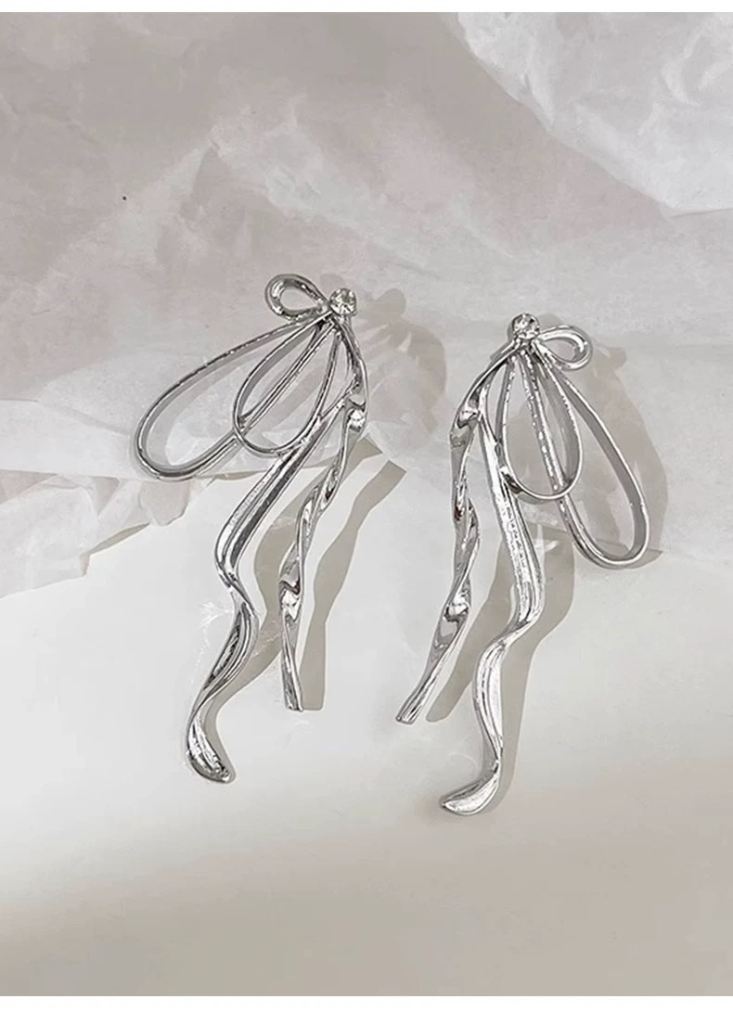 Silver Floating Ribbon Bow Earrings Drop Earrings for Women - Luxury High-End Elegant Jewellery