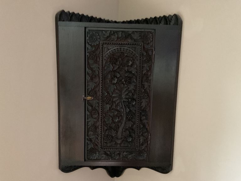Beautifully Carved Wooden Corner Wall Cabinet – Good Condition