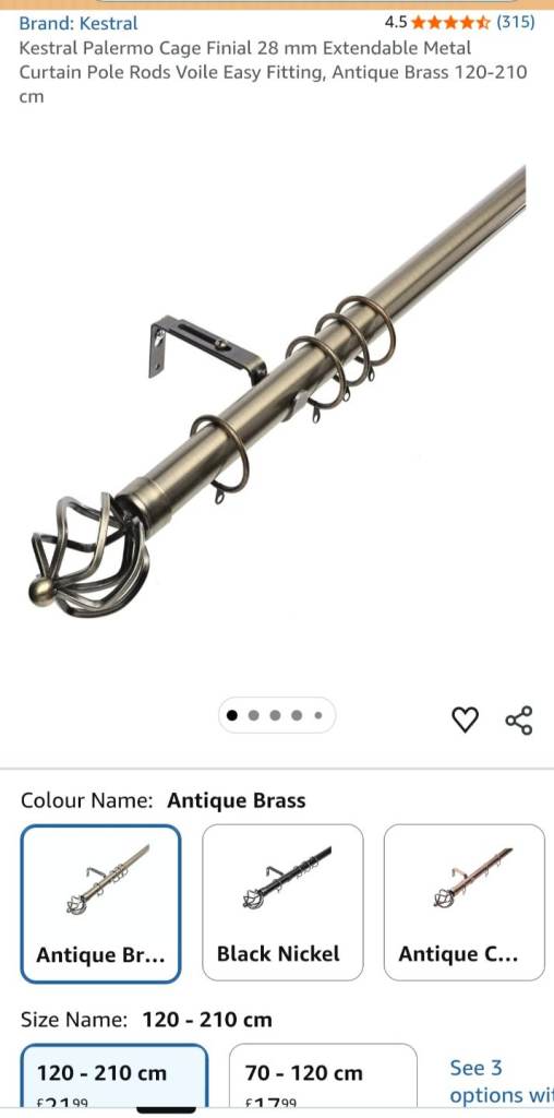 Kestral Antique Brass Extendable Curtain Pole upto 220cm