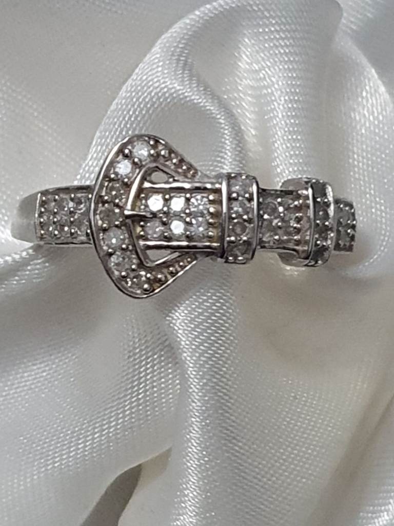 Diamond buckle ring Size M Silver 925 Platinum Overlay new 