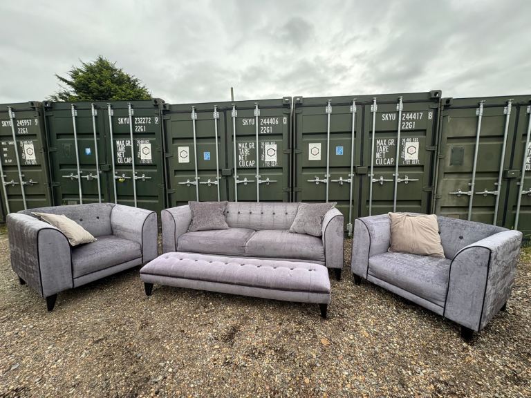 Large Grey 3 seater & footstool w/matching armchairs sofa set DELIVERY AVAILABLE!
