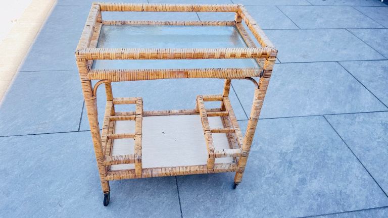 Rattan and Glass Drinks Trolley on Wheels – Good Condition