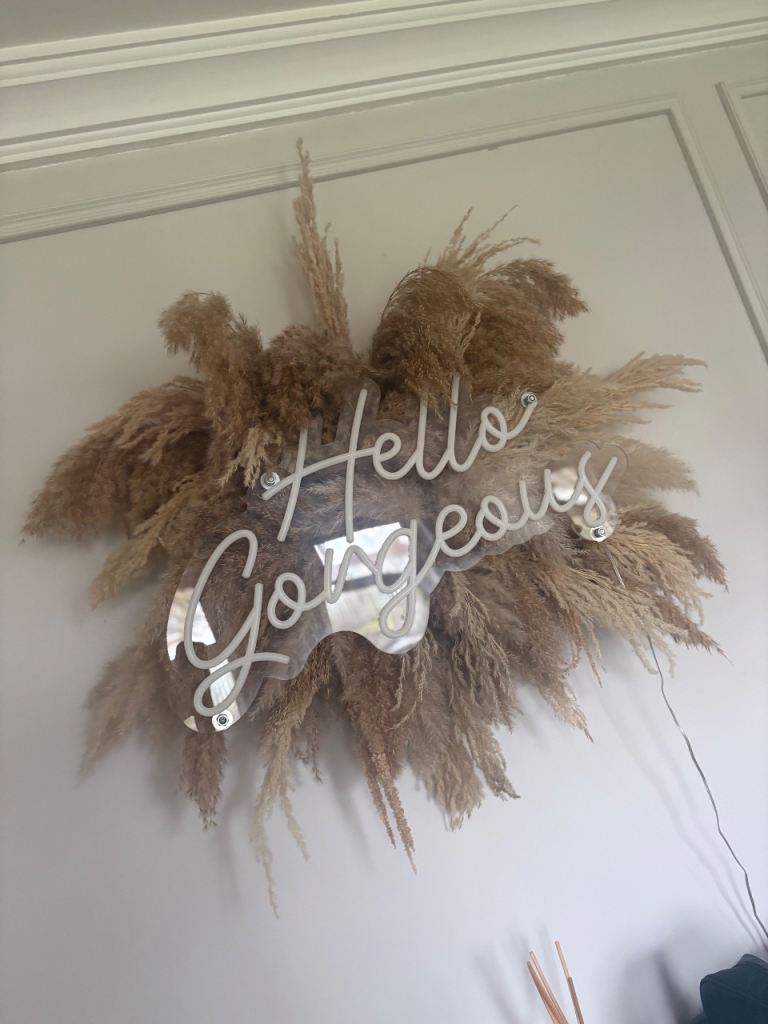 Hello gorgeous neon sign & pampas display 