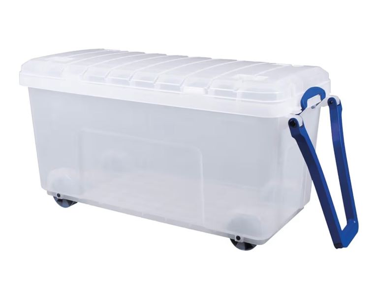 Really Useful Plastic Storage Box 160 Litre Wheeled trunk in Clear (Blue Wheels+Handles)