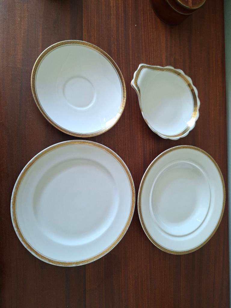 Vintage Foley white and gold Greek Key pattern edging - 4 items