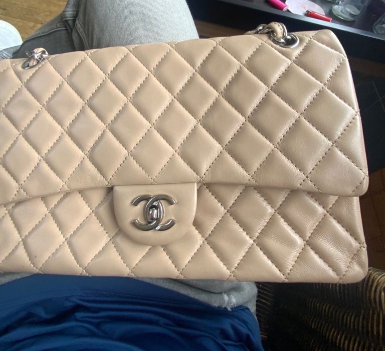 Authentic Chanel Classic Double Flap Bag – Beige Lambskin – Silver Hardware – Made in France