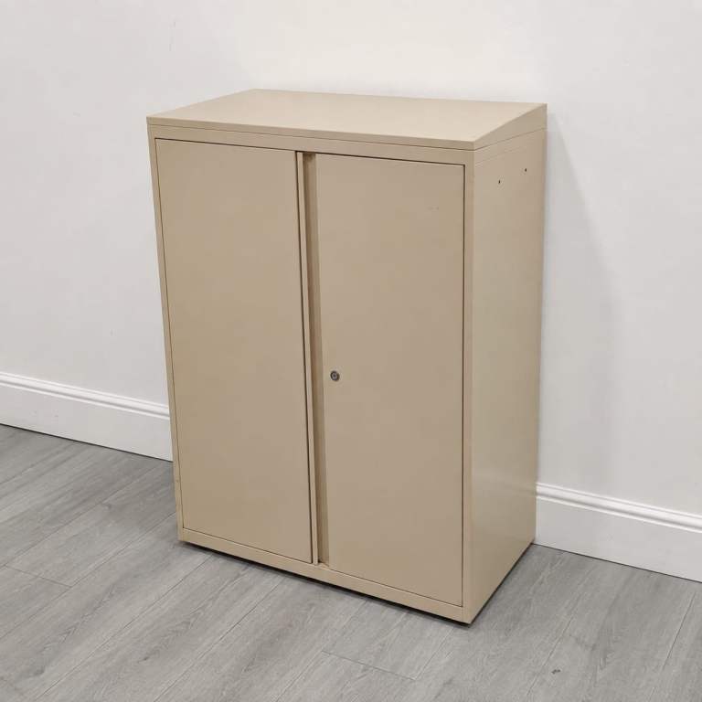 Mid-Height Office Cupboard, Adjustable Shelves, Cream Metal, Key, H1230mm