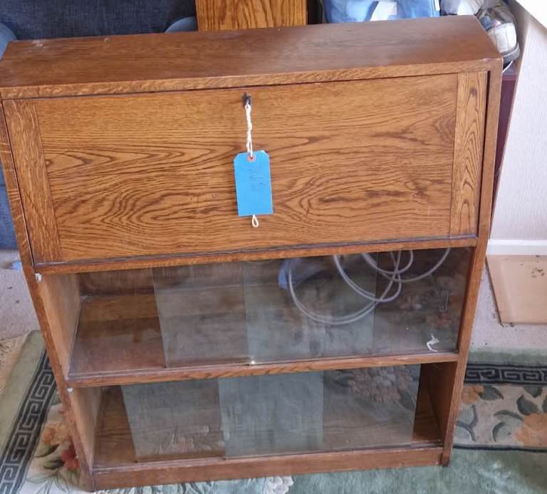 Vintage Wooden Bookcase with Glass Sliding Doors