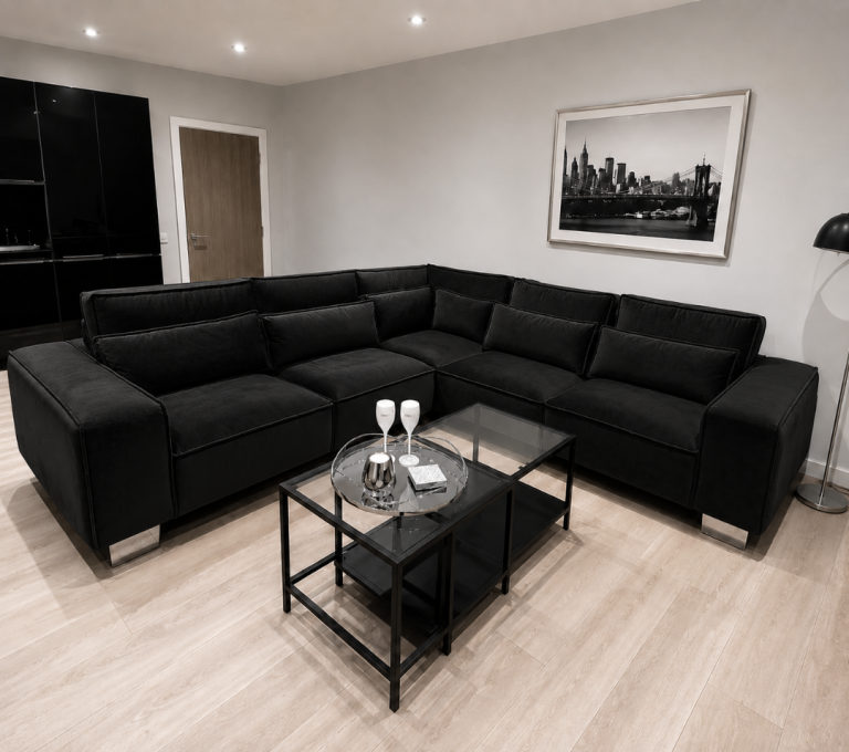 Black Sloane 5 Seater Corner Sofa | Plush Velvet | Multiple Colours | Pay On Delivery