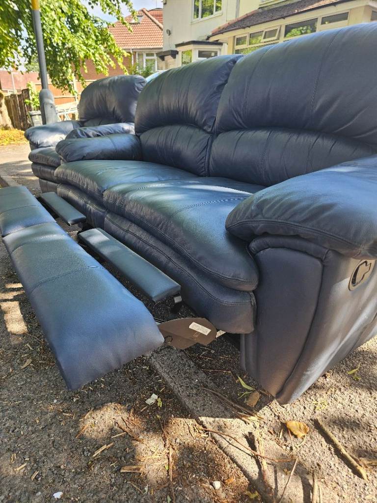 Dark Blue Leather Recliner Sofa Set (2-Seater + Armchair)