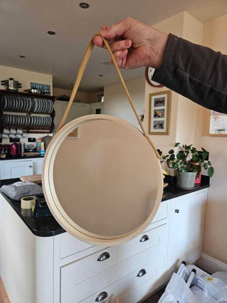 Round Wooden Mirror with Hanging Strap