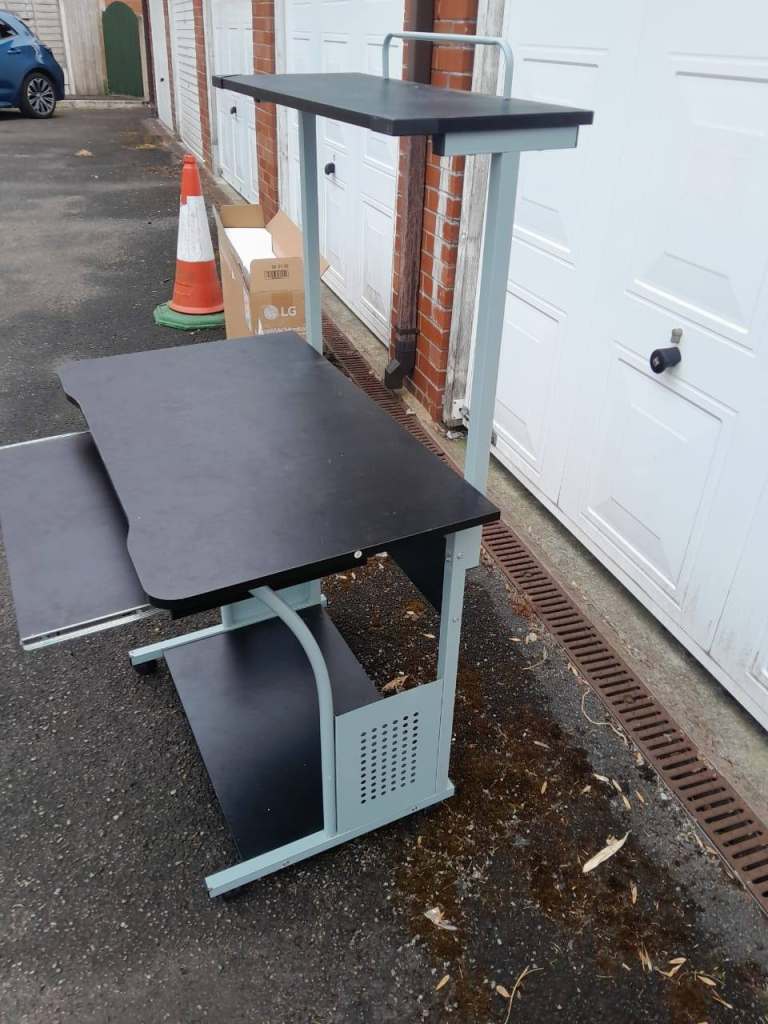 Compact Black & Grey Office Desk with Shelves and Keyboard Tray