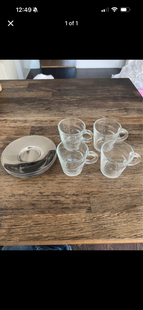 Set of 4 Glass Espresso Cups with Silver Saucers – Good Condition