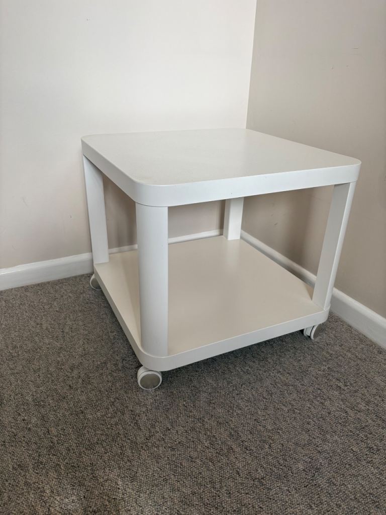 White Square Side Table on Wheels – Good Condition