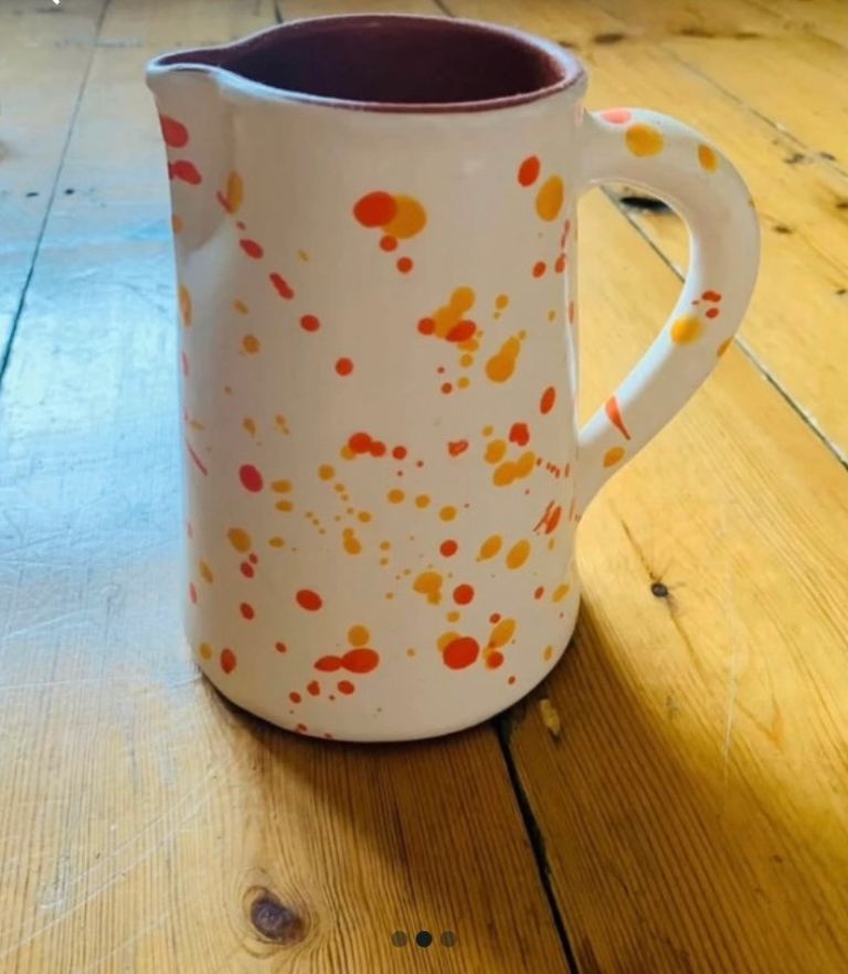 Brand New White Terracotta Jug/Pitcher with Orange & Yellow Spatter Pattern