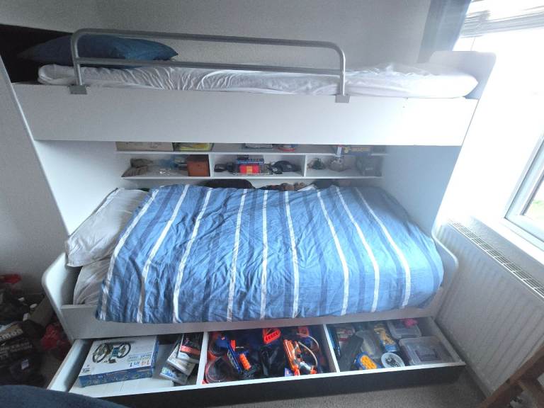 Bunk bed with underbed storage, shelves and cupbaord stairs 