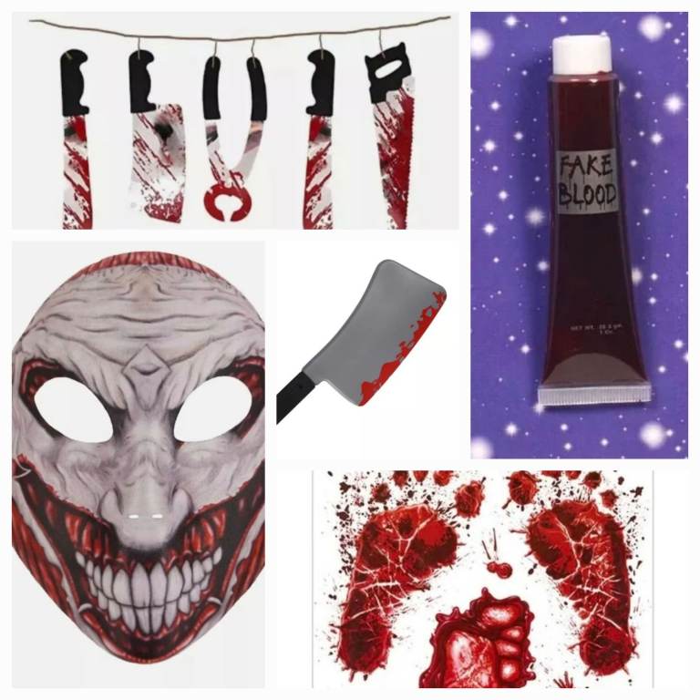 Lot of Halloween decor...face mask, Bloodied Tools, Cleaver, fake blood...