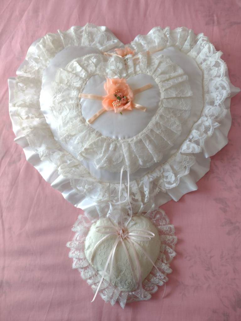 New! Large White Satin & Lace Heart Bed Cushion & Matching Hanging Heart. See photos/details!