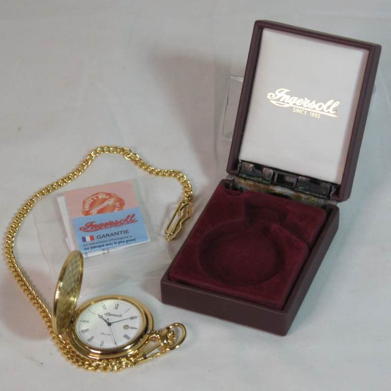 Working Ingersoll Gold Tone IN31338WG Full Hunter Quartz Pocket Watch with Chain