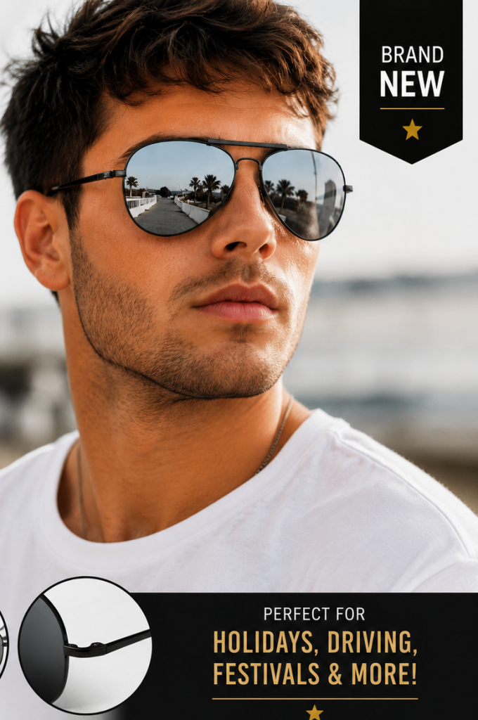 black aviator style sunglasses silver mirrored lenses uv protection