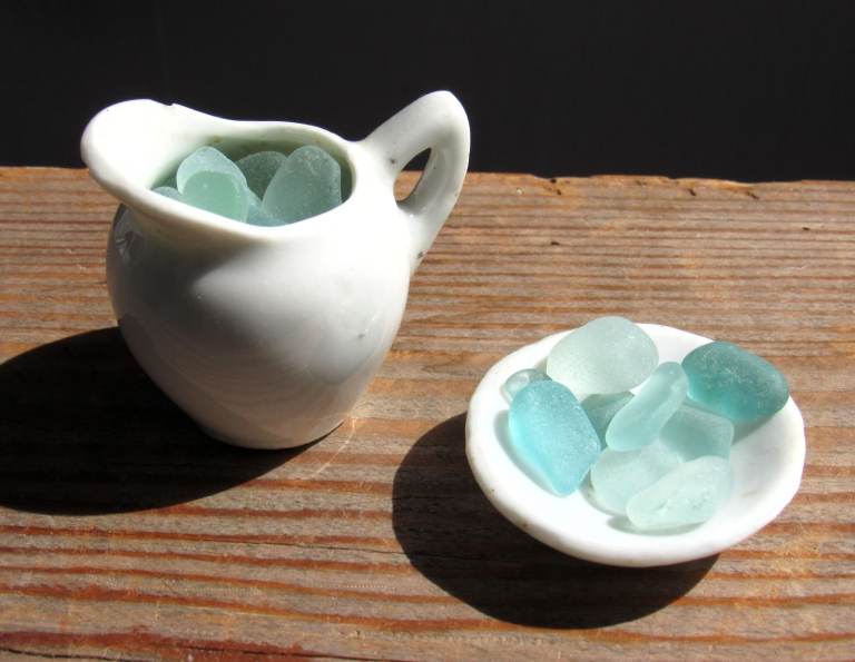 Blue Sea Glass in Vintage Miniature Doll House Ceramic Jug and Saucer Beach Gift