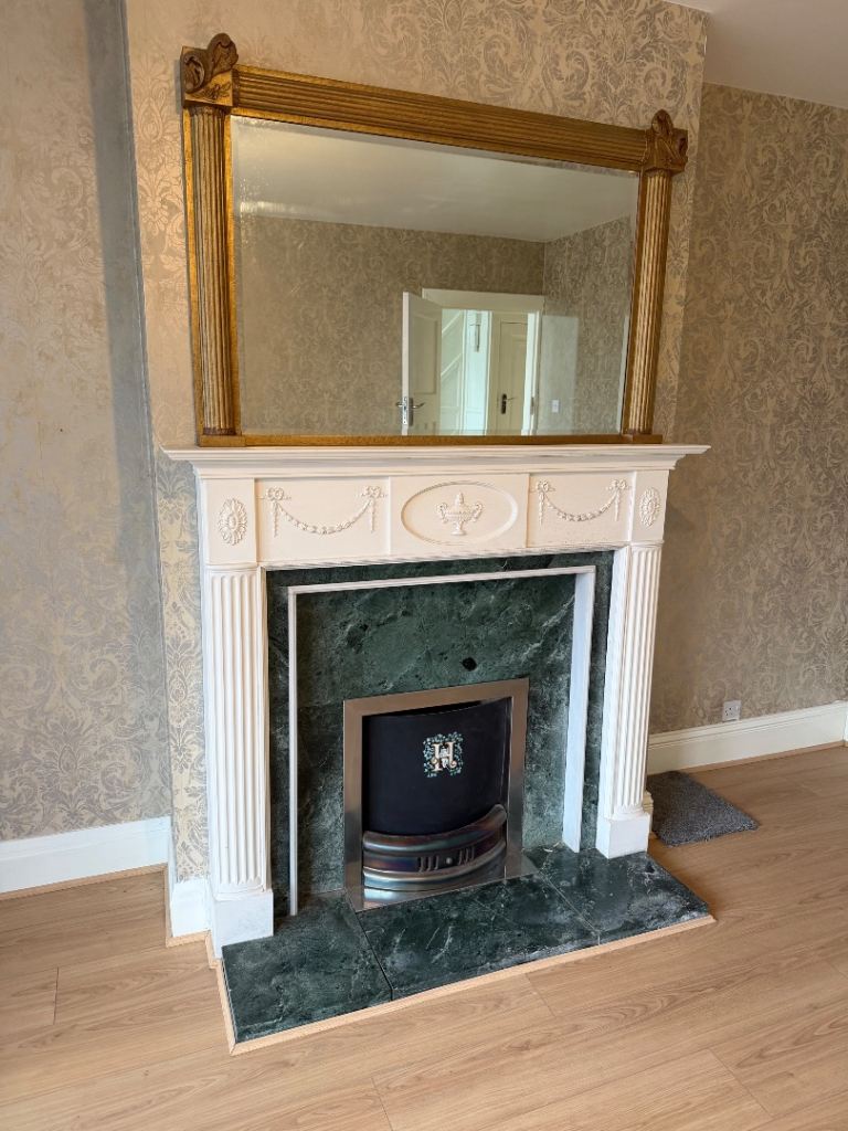 White Wood Fireplace Surround with Gold Mirror