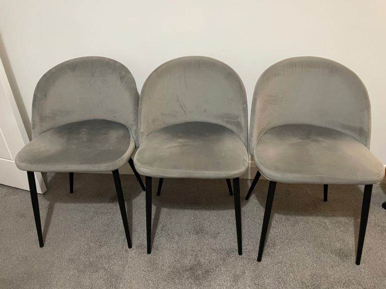 Three Grey Velvet Dining Chairs with Black Legs – Good Condition