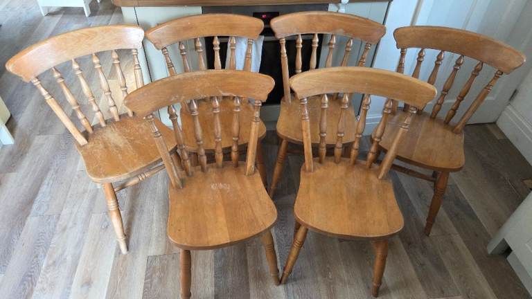 Set of 5 solid wood rustic farmhouse country kitchen dining chairs 