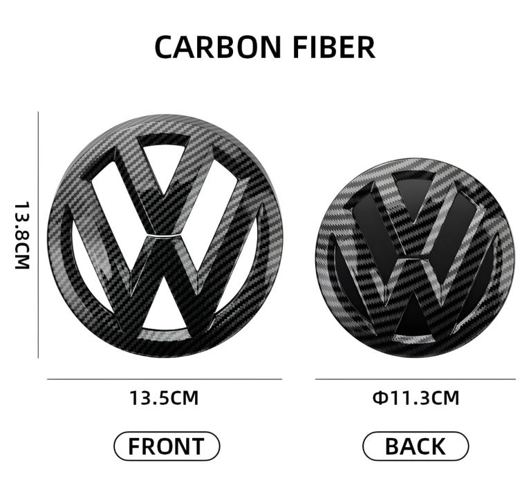 VW Golf 7 Emblem Set - Front Grille 137MM + Rear Trunk 115MM Badge Carbon Fiber Black