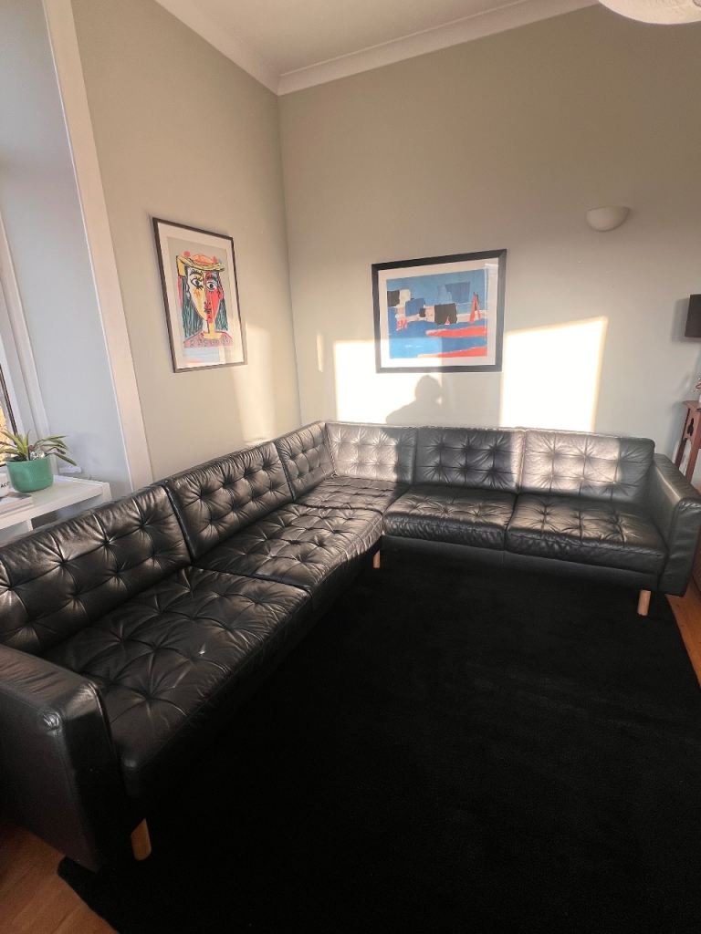 Black L-shaped corner leather sofa (IKEA Landskrona)