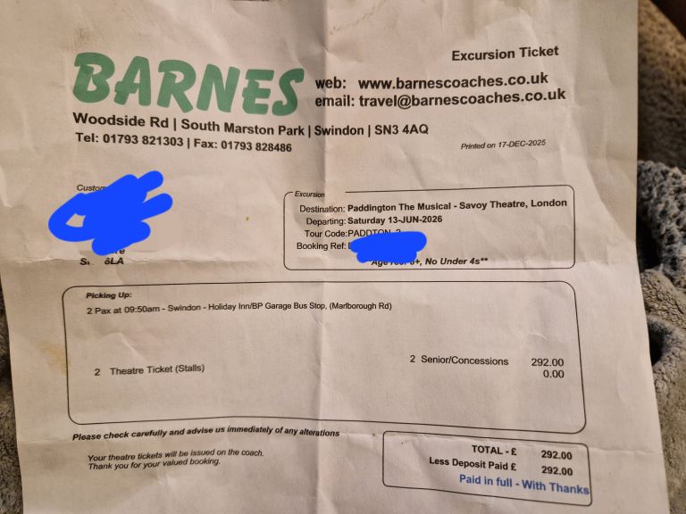 Barnes coach trip to Paddington the musical London