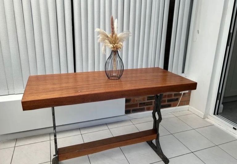 Iroko Wooden Console Table with Vintage Cast Iron Legs