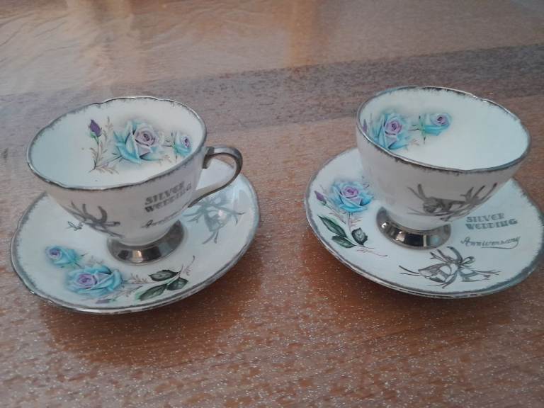 Pair of Silver Wedding Anniversary Tea Cups & Saucers
