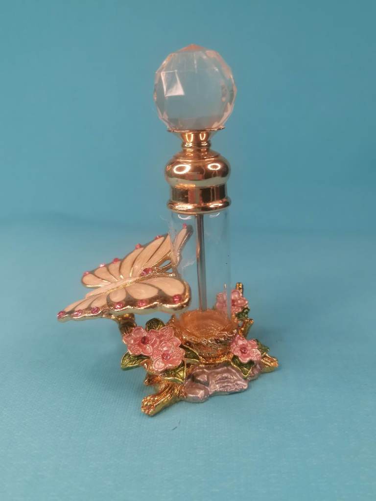 3-inch Vintage Multicolor Glass Perfume  Bottle, butterfly Еnamel Floral Decorations, Screw Cap/70s.