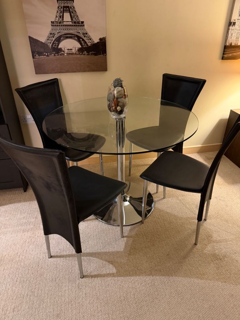 Glass Dining Table & 4 Black Faux Leather Chairs