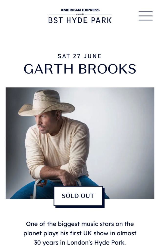 Garth Brooks BST Hyde Park Ticket - Saturday 27 June
