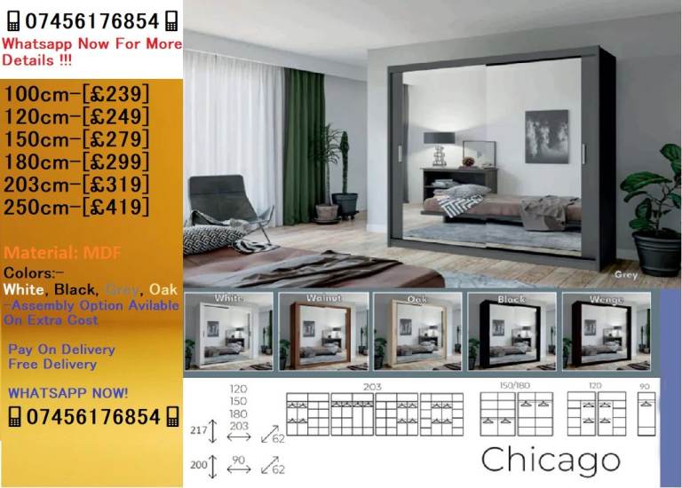 Chicago Wardrobe | Multiple Colors === 2 / 3 - Sliding Door | Mirror Wardrobes!!