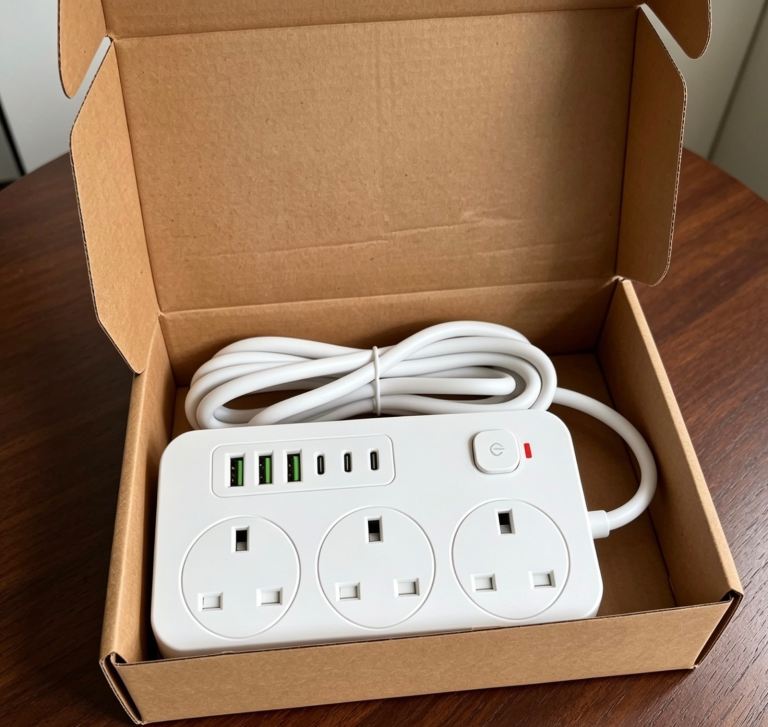 New White Extension Lead with 3 Sockets and USB Ports