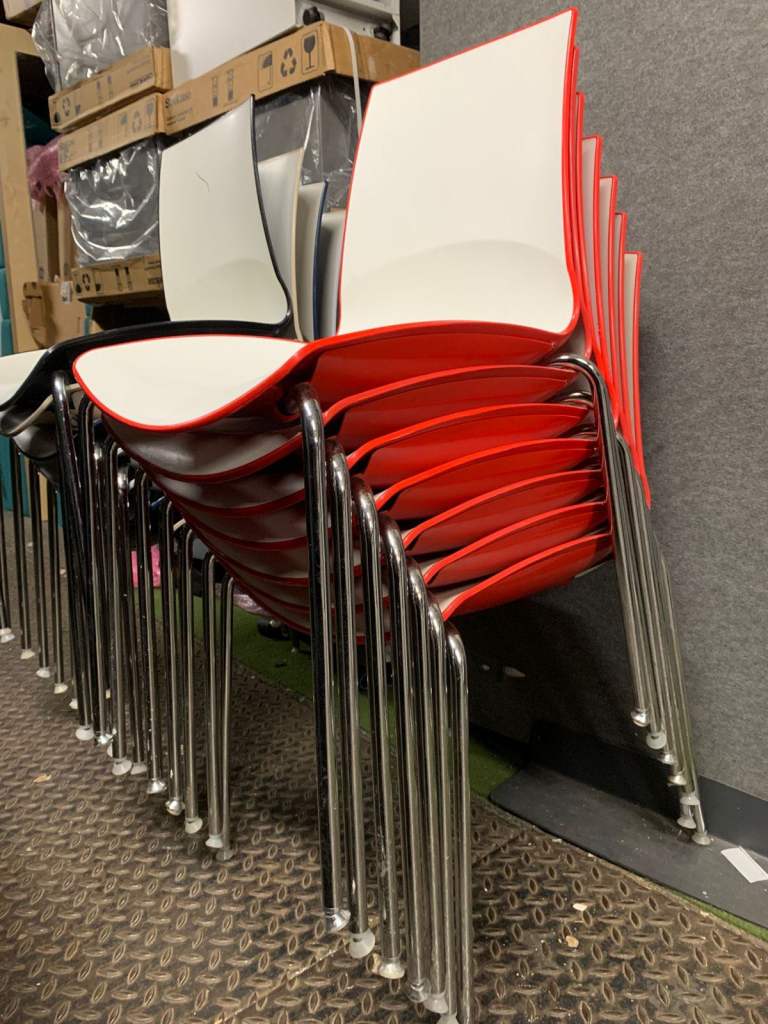 £35 each - Designer stacking cafe chairs solid plastic and chrome (20 available )