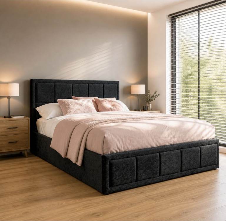 King size black velvet ottoman bed