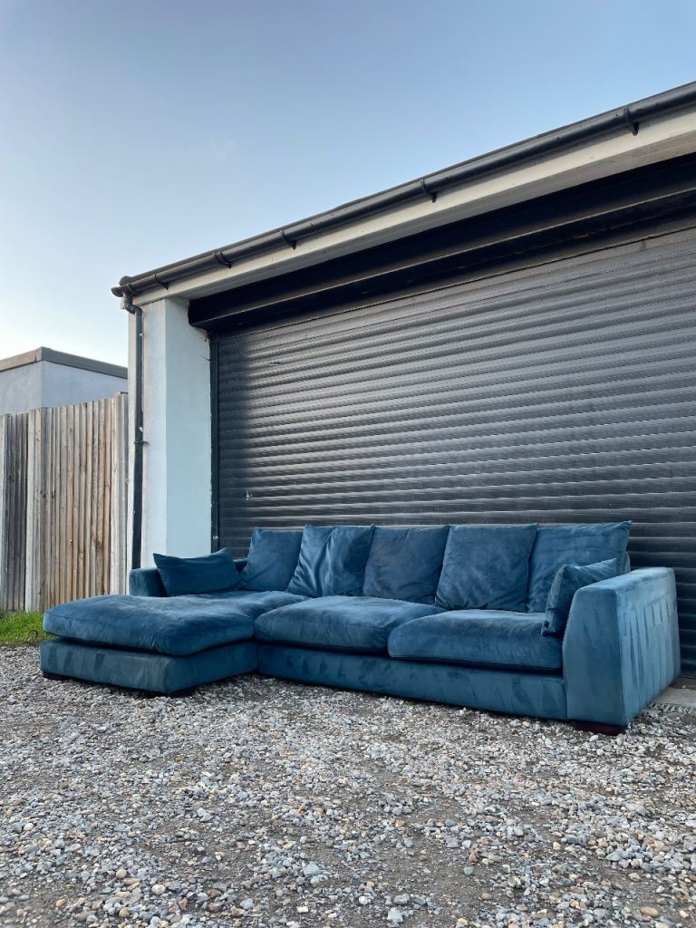 Large blue velvet DFS L shaped corner sofa - DELIVERY AVAILABLE!