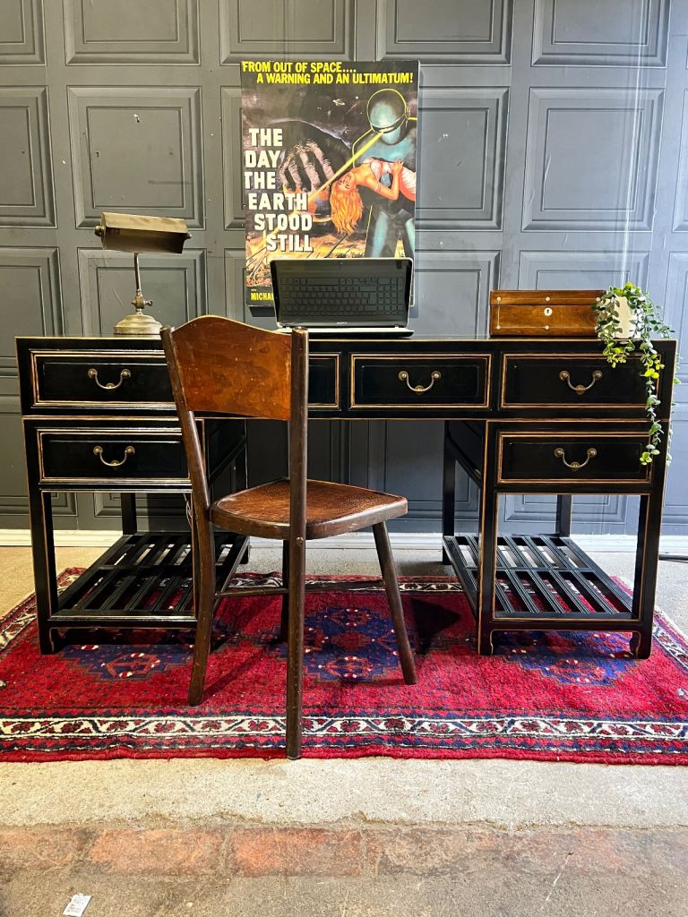 image for Antique Style Chinese Oriental Black Lacquered Custom Made Solid Wood Pedestal Desk