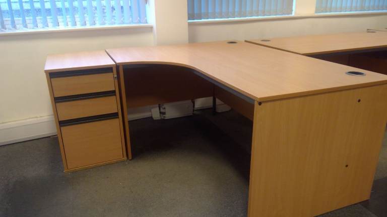 Oak strong  curved office desk with cupboard with 3 drawers