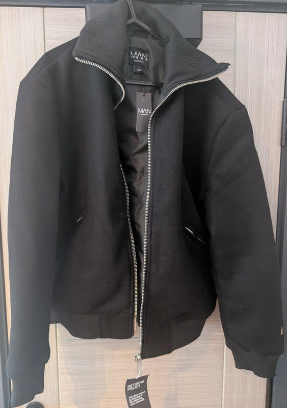 BoohooMAN Black Wool Look Bomber Jacket Size S Brand New With Tags Funnel Neck 00057