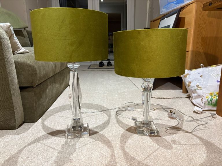 Pair of Green Velvet & Clear Crystal Table Lamps