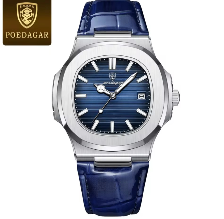 image for POEDAGAR 613L Men's Luxury Sport Watch Quartz Blue Dial Leather Strap Date New