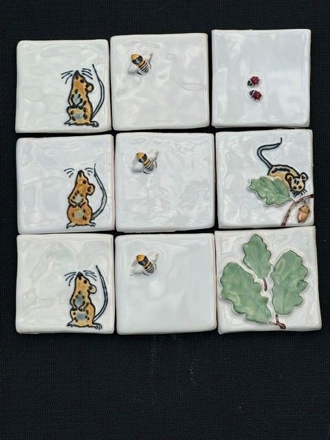 Set of 9 Decorative Ceramic Tiles - Mice, Bees, and Leaves